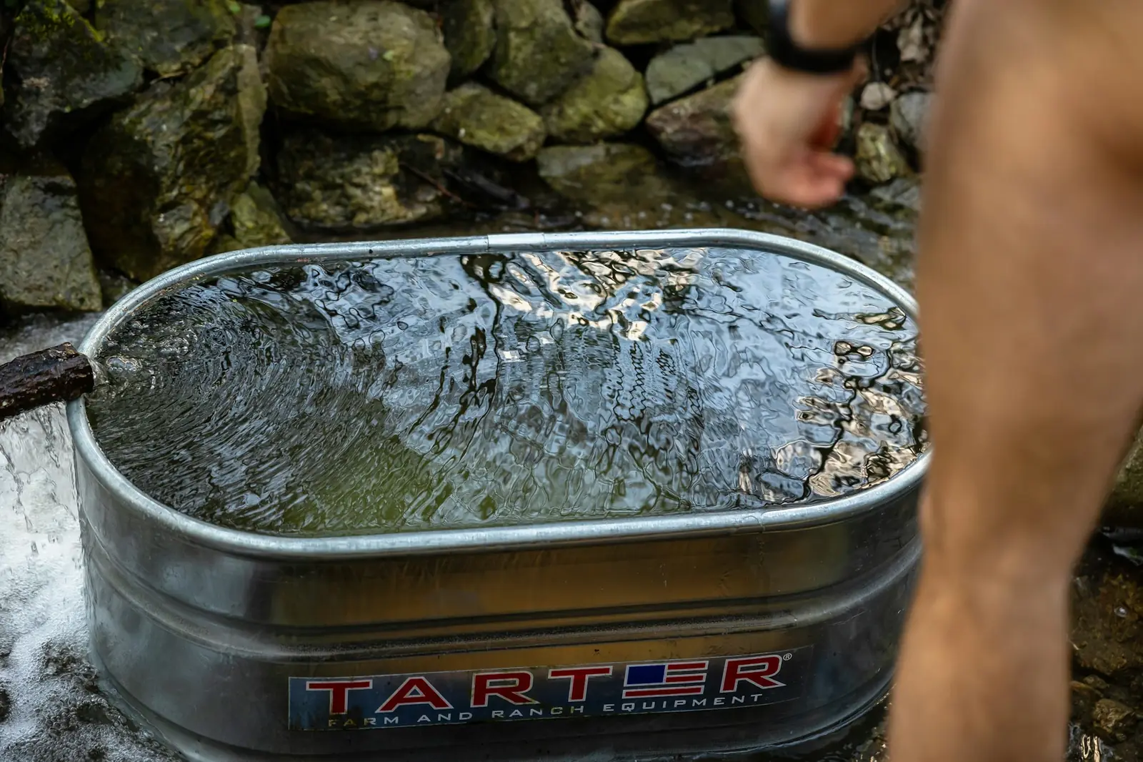 A galvanized stock tank full of cold water outdoors